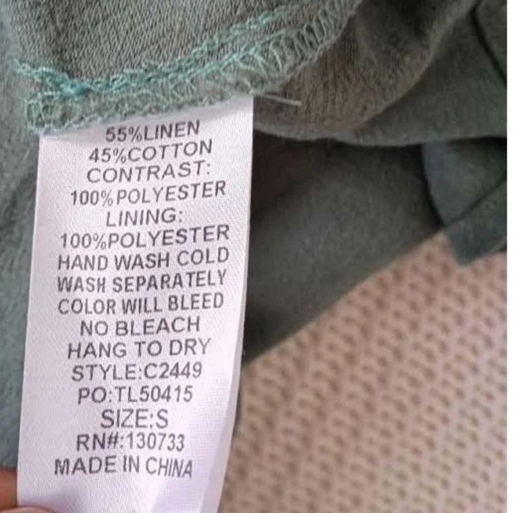UMGEE‎ Sage Green Linen Mini Dress Blue Contrast Slve Smocked Cuff S Cottagecore
